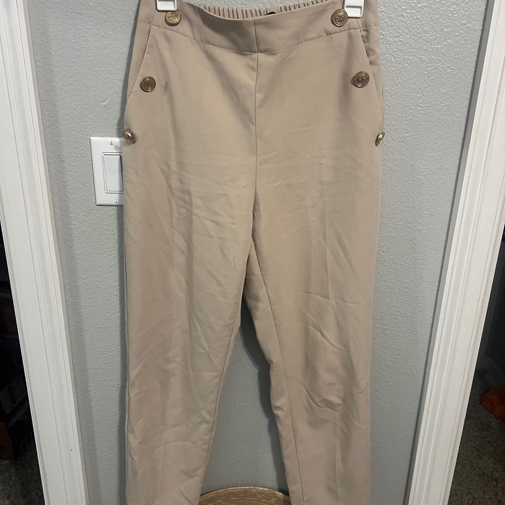 Zara Beige High-Waist Button Detail Trousers